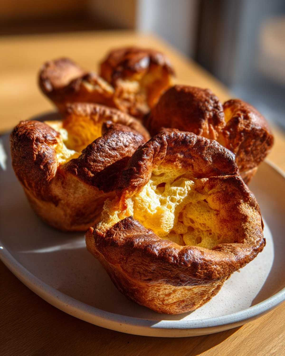 Close-up of several golden brown, perfectly risen yorkshire pudding on a light-colored plate.