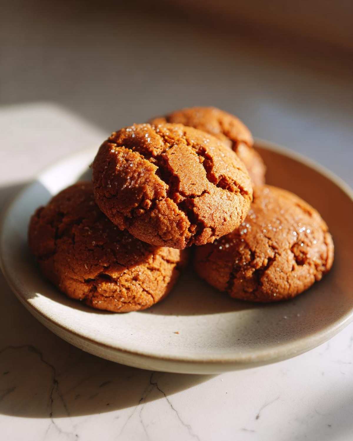 A stack of four rich brown, cracked persimmon cookies sprinkled with sugar, resting on a light ceramic plate.