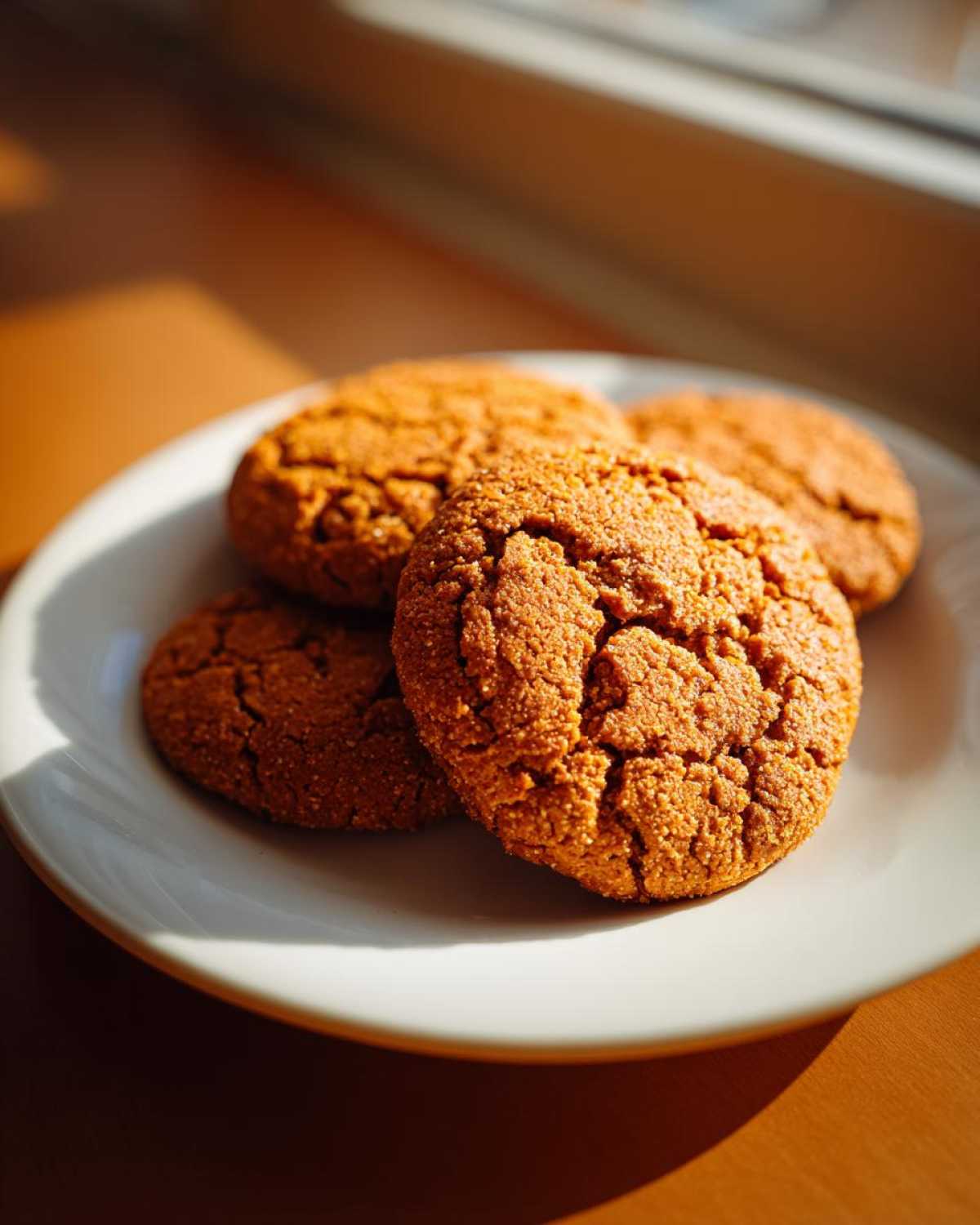 Four golden brown, crackled persimmon cookies stacked slightly on a white plate near a window.