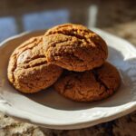 Three soft, crinkled persimmon cookies stacked slightly on a white, scalloped plate.