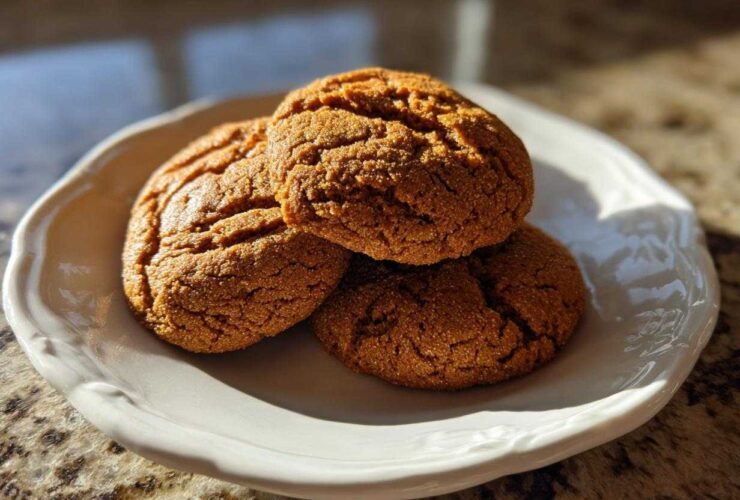 Three soft, crinkled persimmon cookies stacked slightly on a white, scalloped plate.