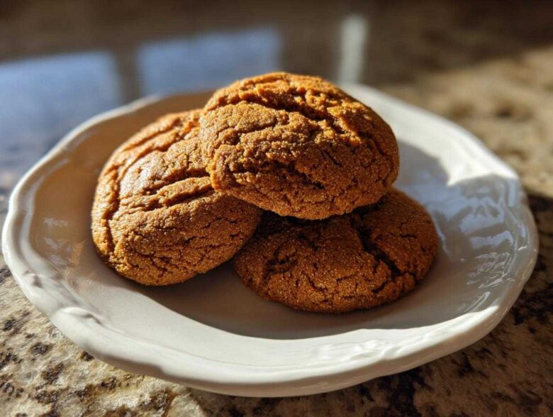 Three soft, crinkled persimmon cookies stacked slightly on a white, scalloped plate.