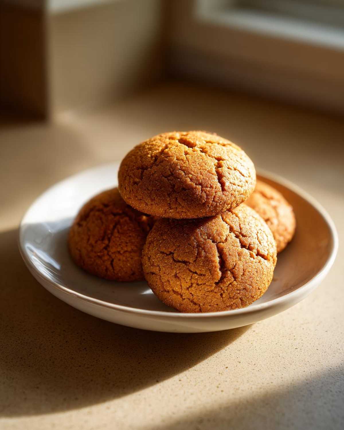 A stack of four golden-brown, crackled persimmon cookies resting on a small white plate.