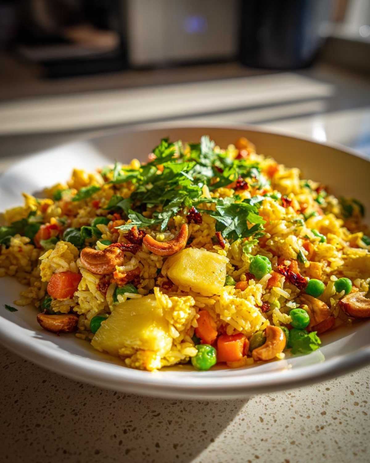 Close-up of a bowl of vibrant pineapple fried rice garnished with fresh herbs, cashews, and vegetables.