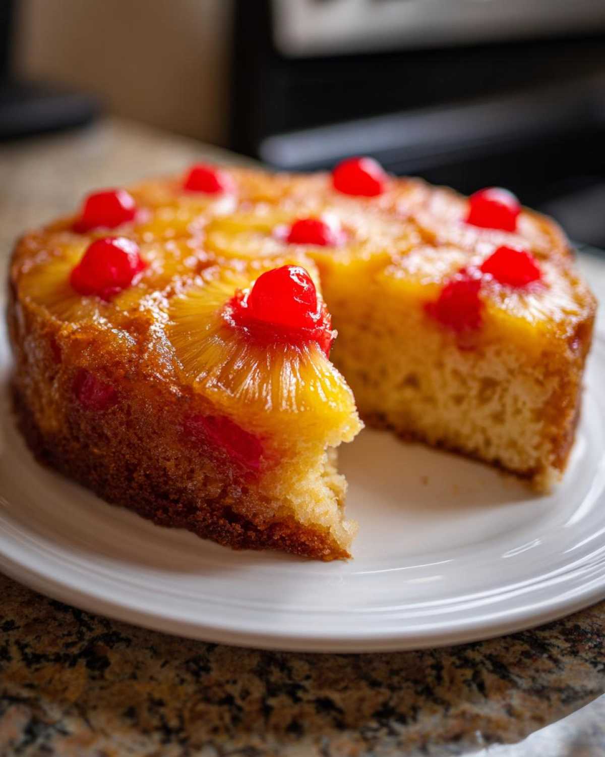 A slice removed from a golden pineapple upside down cake topped with caramelized pineapple rings and bright red maraschino cherries.