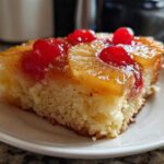 Close-up of a moist slice of pineapple upside down cake topped with caramelized pineapple rings and bright red cherries.