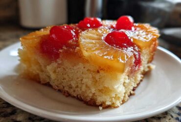 Close-up of a moist slice of pineapple upside down cake topped with caramelized pineapple rings and bright red cherries.