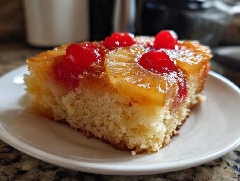 Close-up of a moist slice of pineapple upside down cake topped with caramelized pineapple rings and bright red cherries.