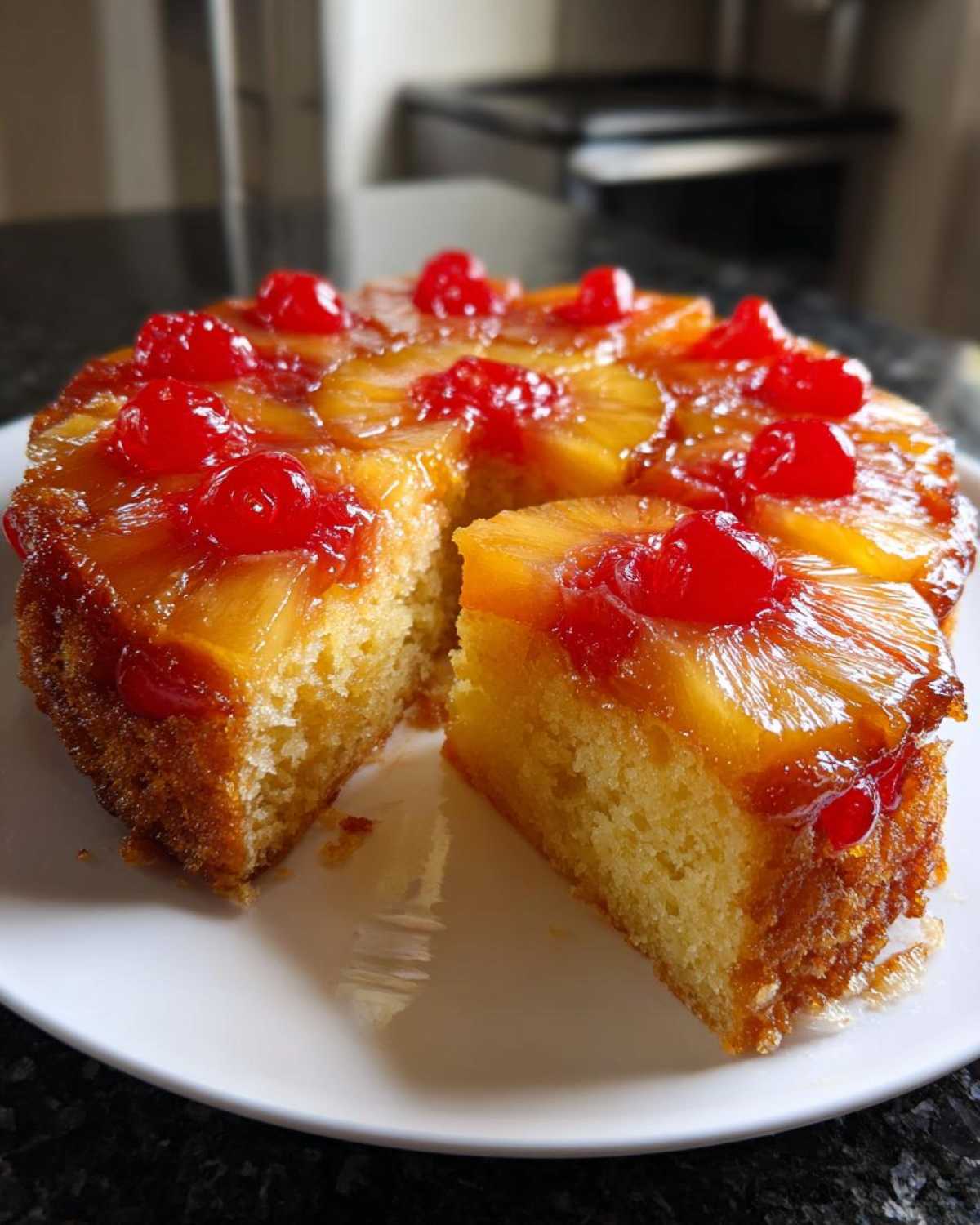 A slice cut from a freshly baked pineapple upside down cake, topped with caramelized pineapple rings and maraschino cherries.