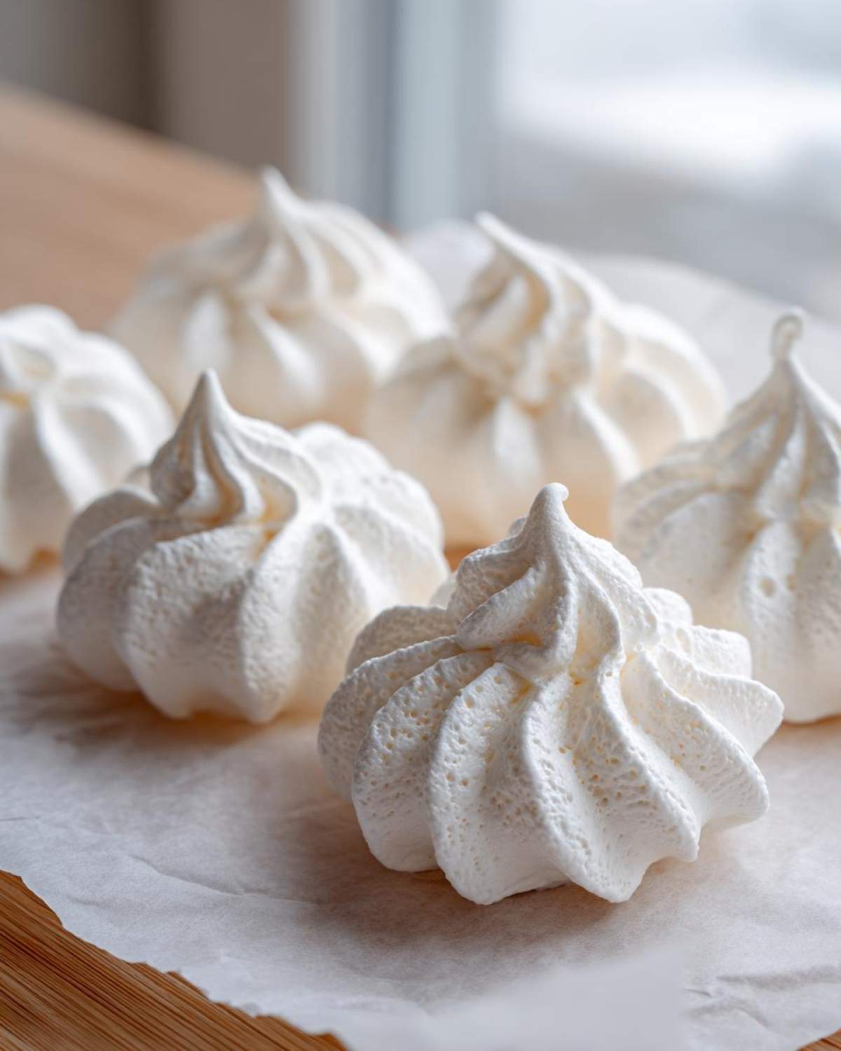 Close-up of several perfectly piped, crisp white meringue cookies resting on crumpled parchment paper.
