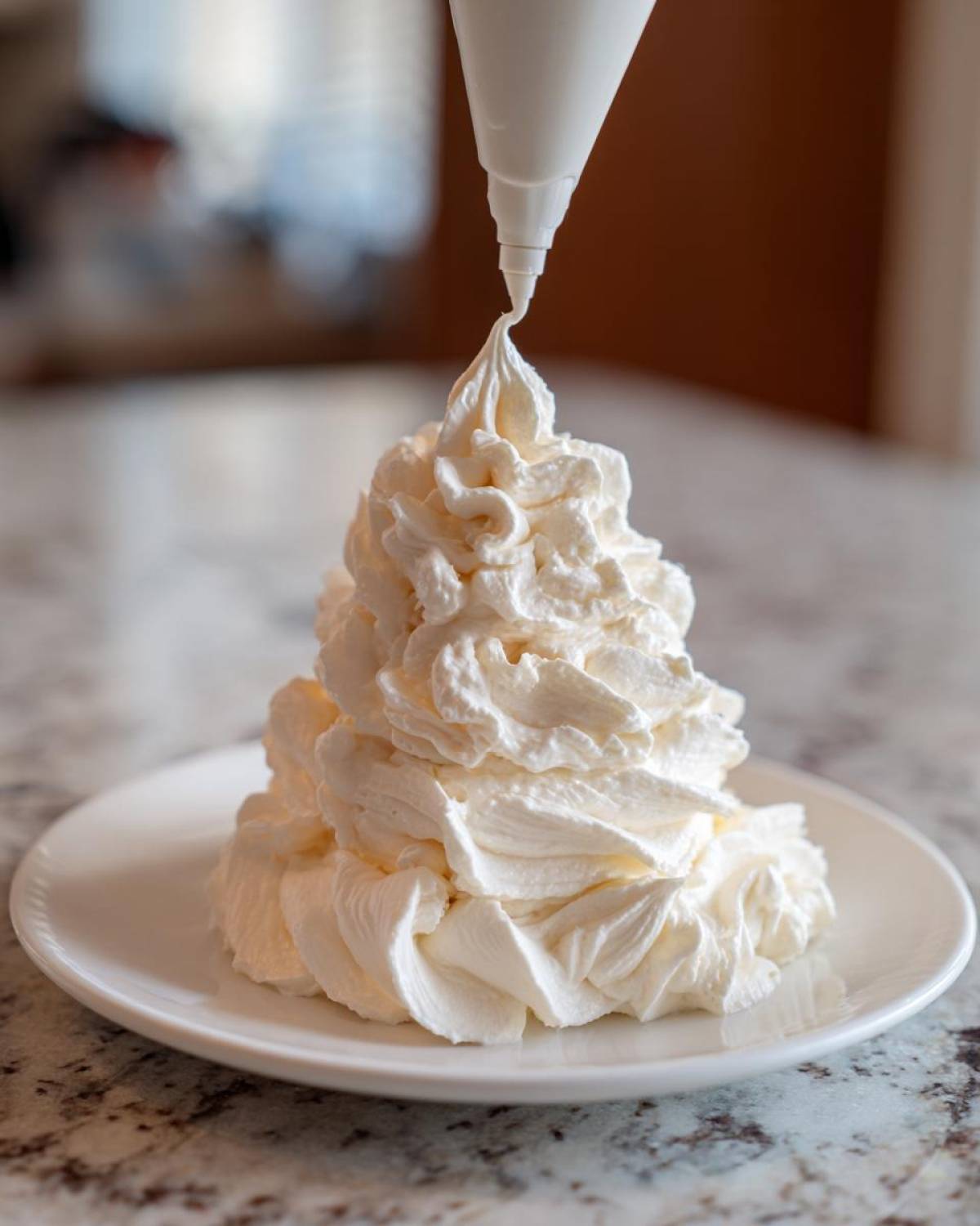 A piping bag dispenses fluffy vanilla buttercream frosting onto a white plate, creating a tall swirl.