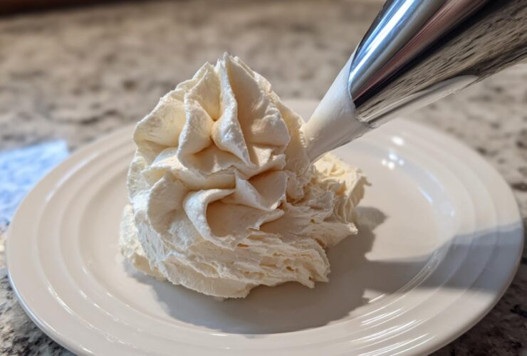 A close-up of a piping bag dispensing fluffy vanilla buttercream frosting onto a white plate.