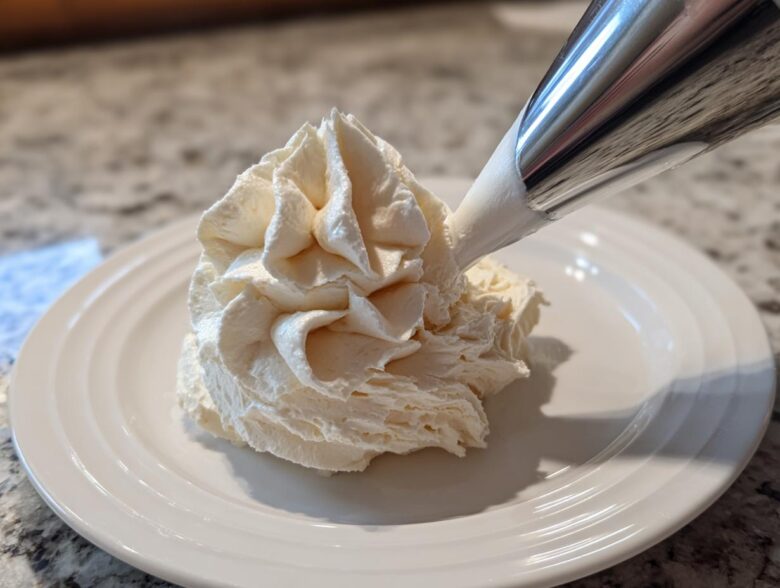 A close-up of a piping bag dispensing fluffy vanilla buttercream frosting onto a white plate.