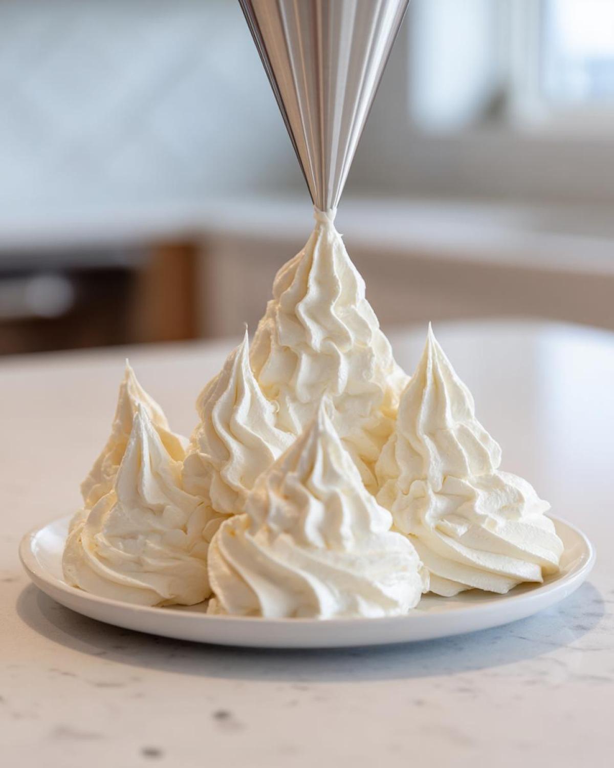 A piping bag dispenses vanilla buttercream frosting into tall, swirled peaks on a white plate.
