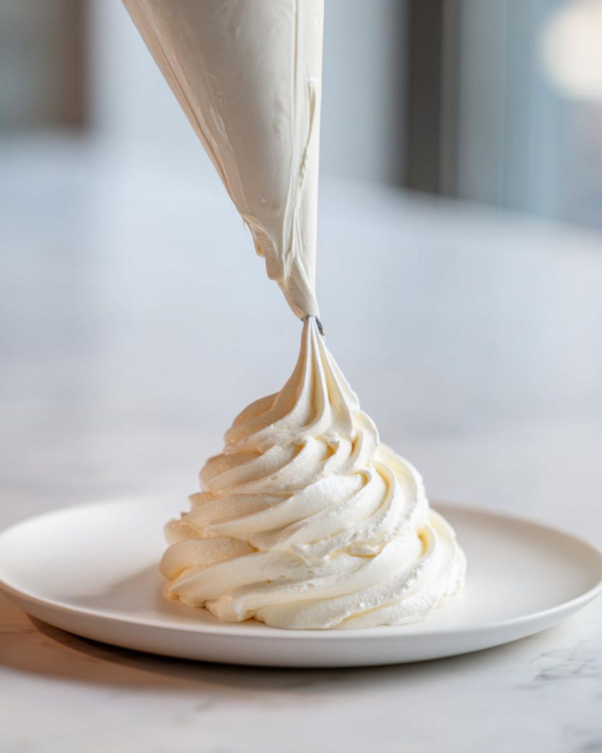 A piping bag dispensing creamy vanilla buttercream frosting onto a white plate, forming a tall swirl.