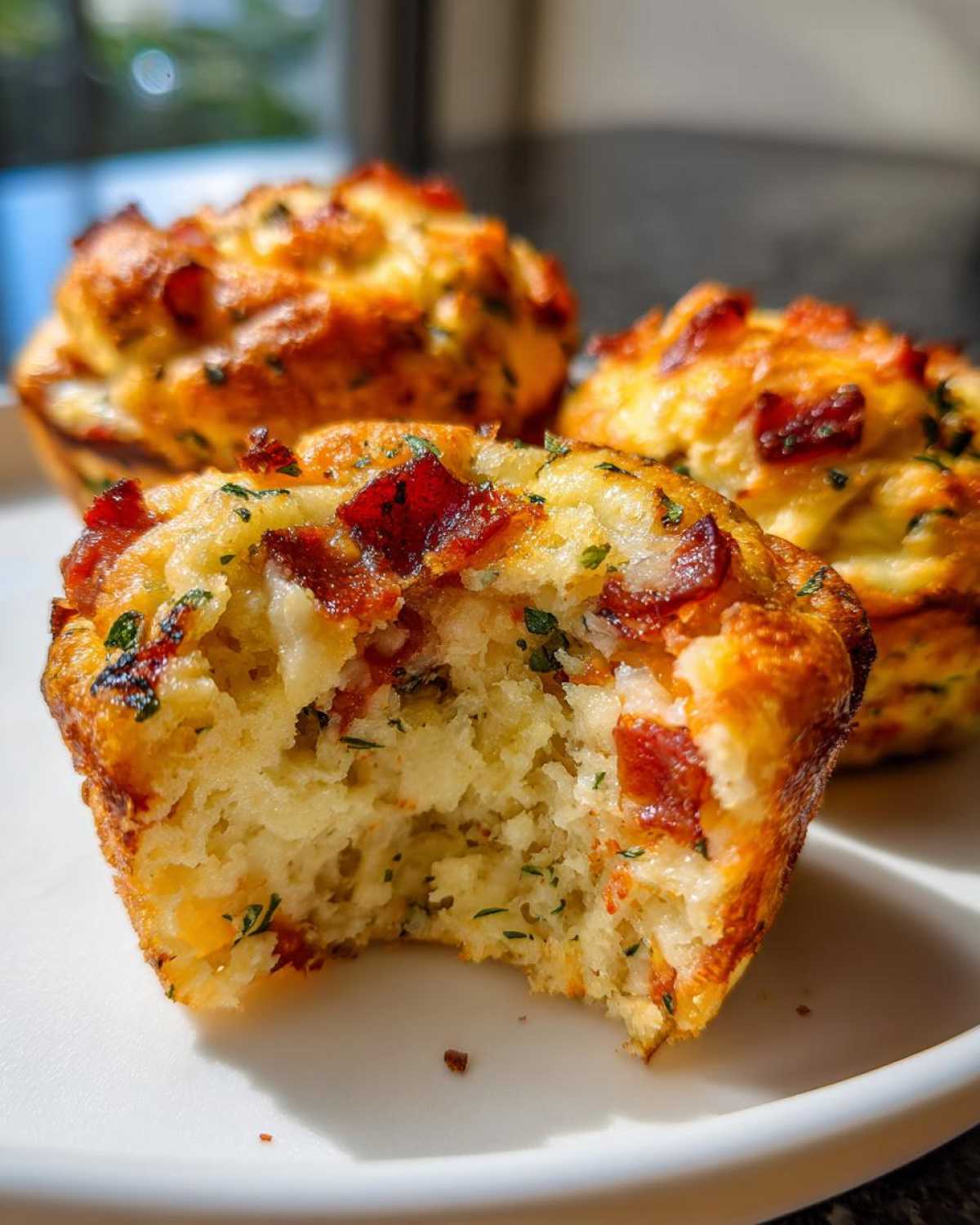 Close-up of a delicious pizza muffin with a bite taken out, showing the fluffy interior and pepperoni pieces.