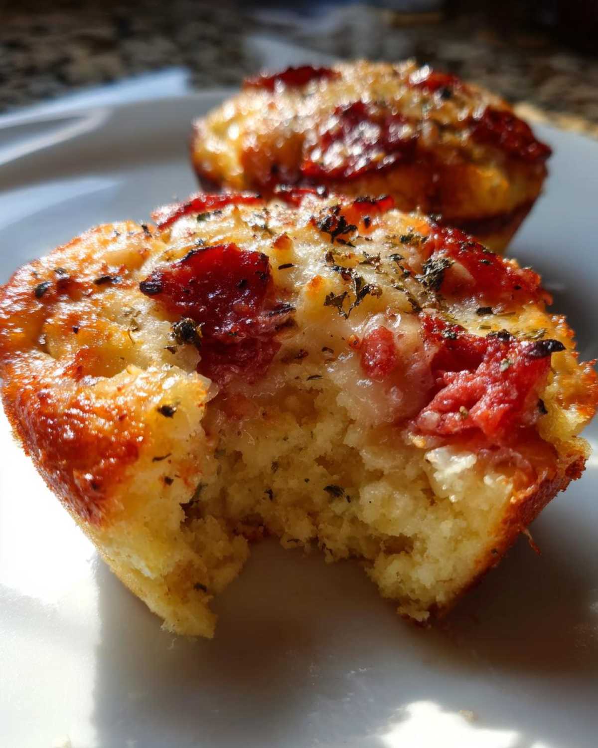 A close-up shot of a pizza muffin with a bite taken out, showing the fluffy interior and melted cheese and pepperoni topping.
