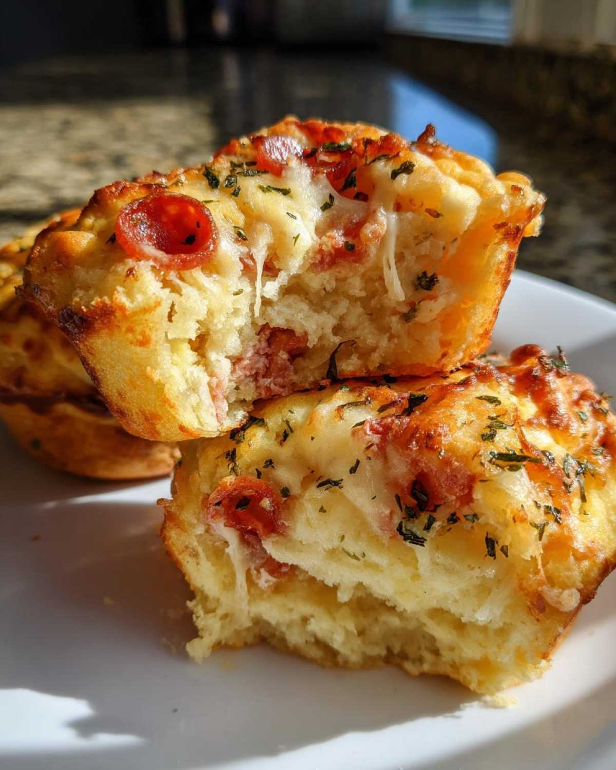 Two halves of a freshly baked pizza muffin stacked, showing melted cheese, pepperoni, and fluffy interior.