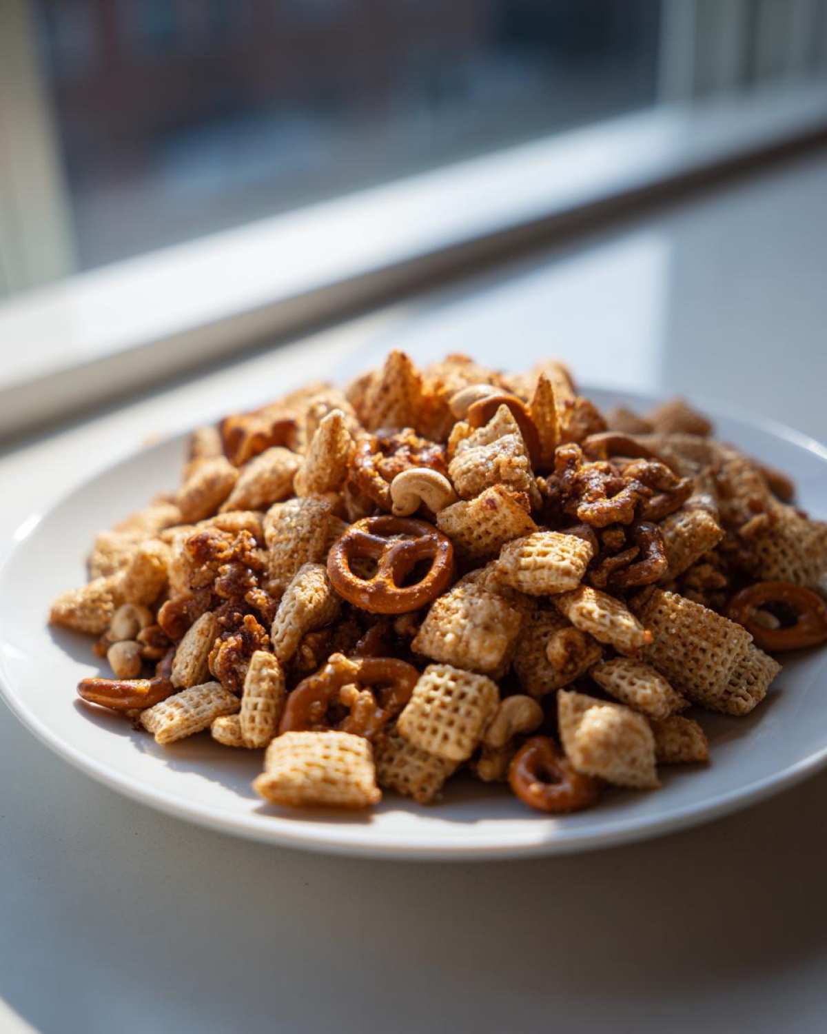 A close-up of a white plate piled high with homemade chex party mix, including cereal, pretzels, and nuts, sitting near a bright window.