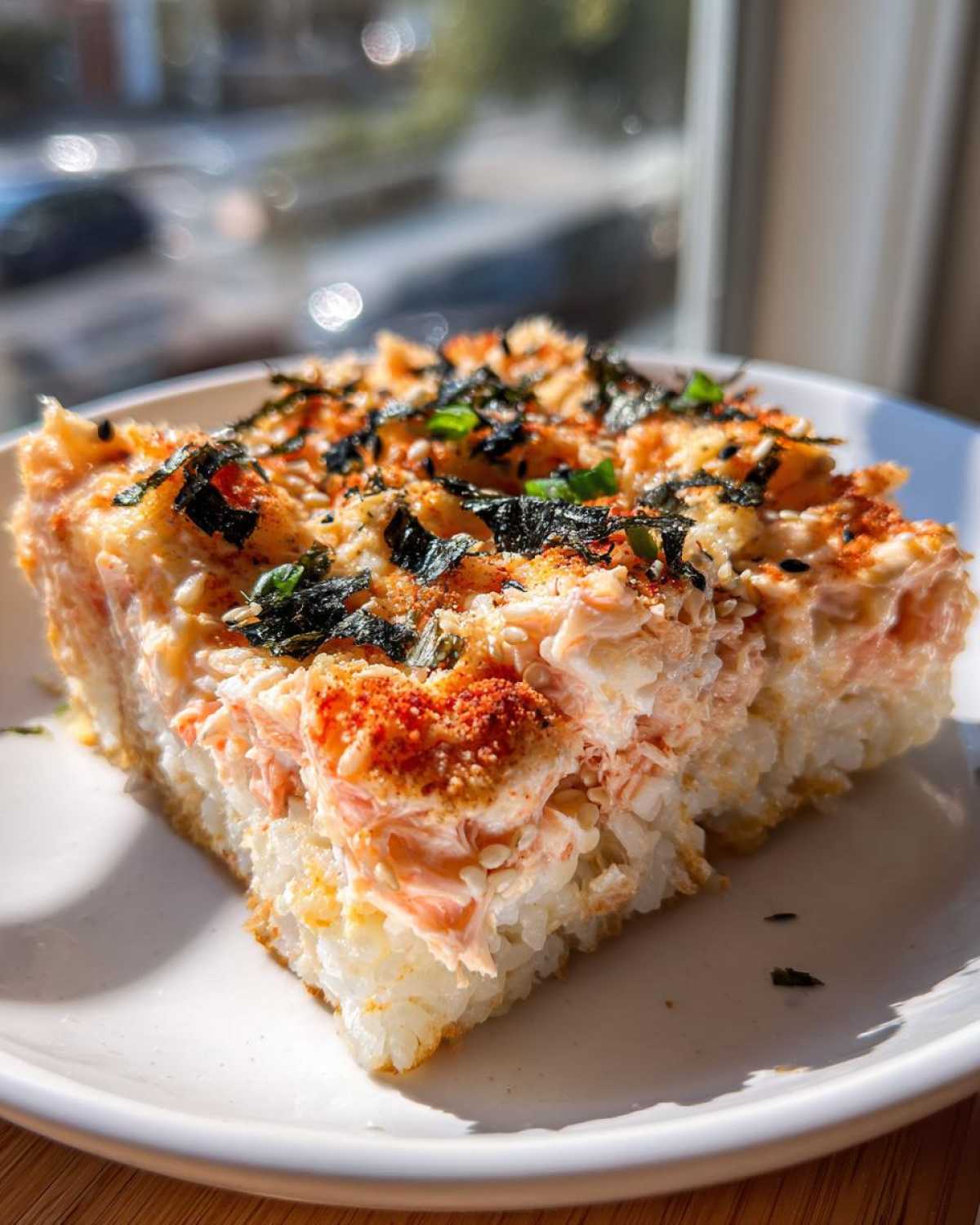 A square portion of baked salmon sushi bake showing a base of rice and a creamy salmon topping sprinkled with nori and sesame seeds.