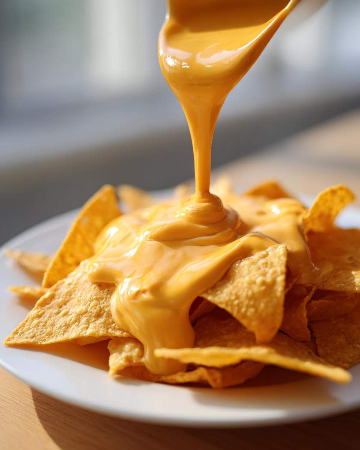 Close-up of rich, creamy nacho cheese being poured over a pile of tortilla chips on a white plate.