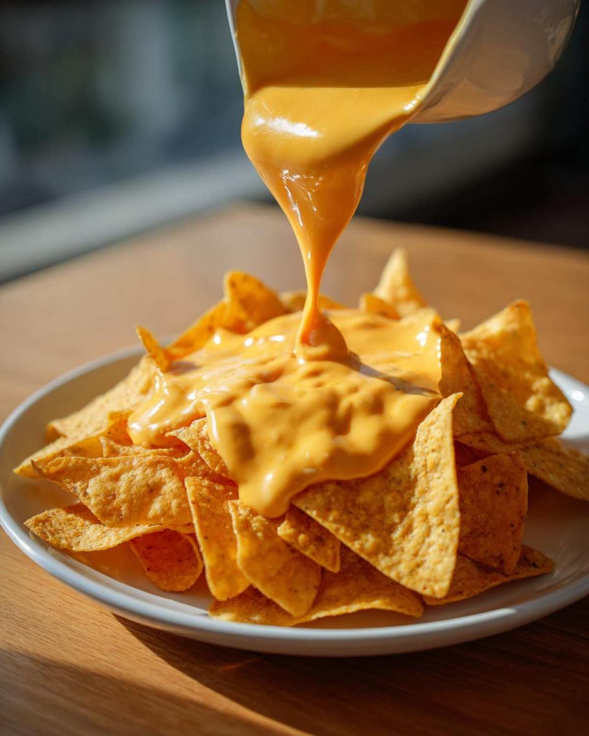 A close-up shot of homemade nacho cheese being poured from a white bowl onto a pile of tortilla chips.