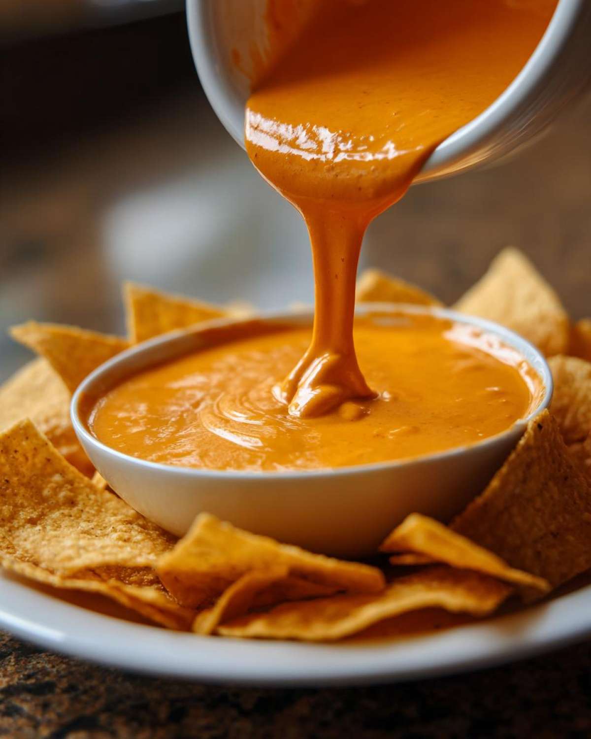 Thick, orange nacho cheese sauce being poured from a white bowl into a serving bowl surrounded by tortilla chips.
