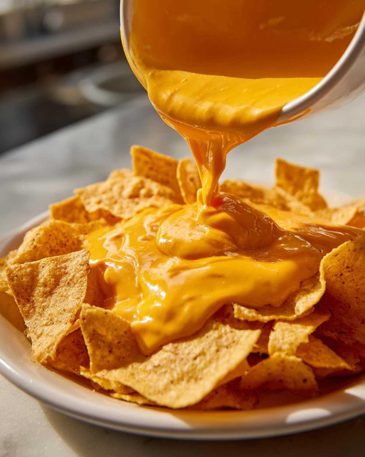 A bowl of tortilla chips being generously covered with thick, bright orange nacho cheese sauce being poured from a white bowl.