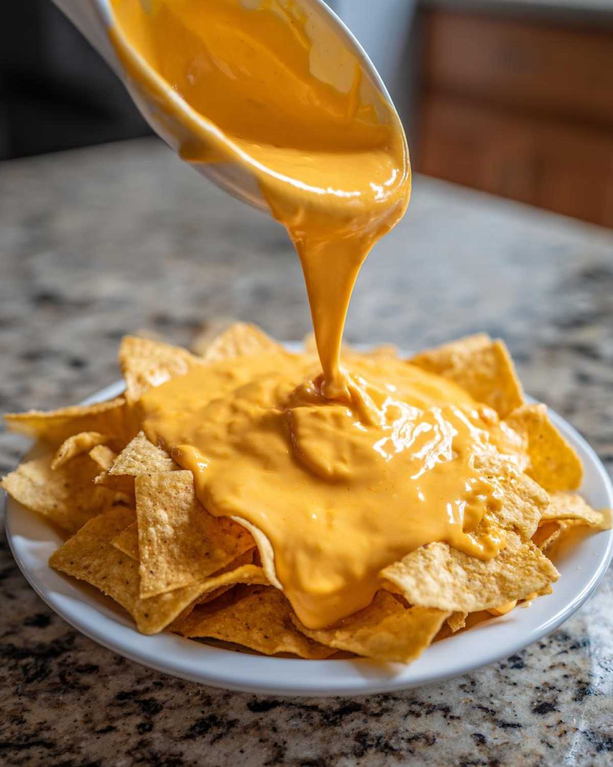 A close-up of thick, bright orange nacho cheese sauce being poured from a white ladle onto a pile of tortilla chips.