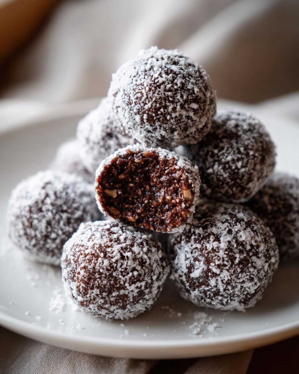 A stack of rich, dark chocolate bourbon balls coated in powdered sugar, with one cut open showing the texture inside.