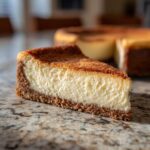 A close-up of a thick slice of creamy Protein Cheesecake with a dark graham cracker crust and a perfectly browned top.