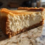Close-up of a thick slice of creamy Protein Cheesecake showing the graham cracker crust.