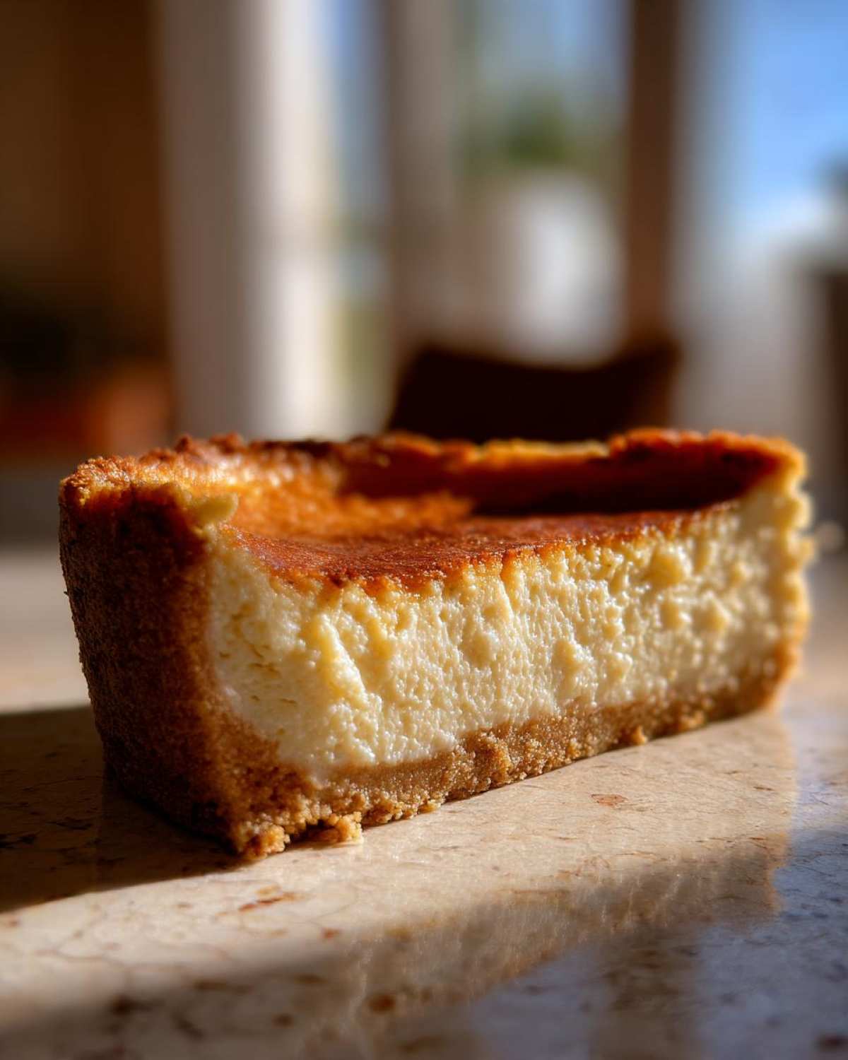 A close-up shot of a thick slice of baked Protein Cheesecake showing the creamy filling and graham cracker crust, bathed in sunlight.