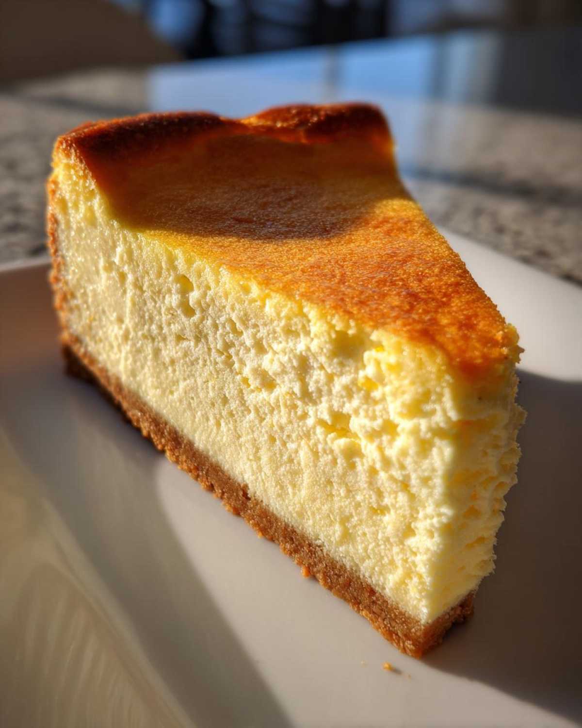 A close-up, sunlit slice of baked Protein Cheesecake showing a thick, creamy filling and golden-brown top.