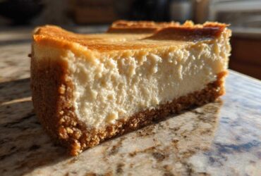 Close-up of a thick slice of creamy Protein Cheesecake showing the graham cracker crust.