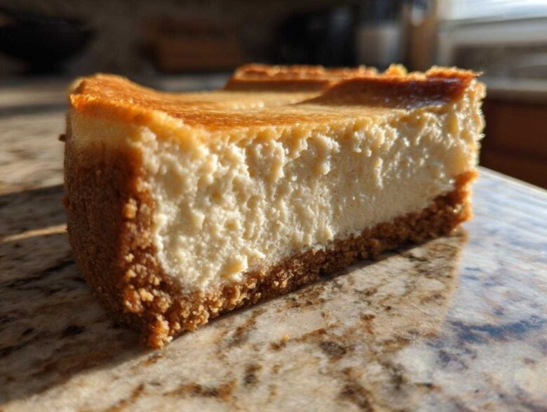Close-up of a thick slice of creamy Protein Cheesecake showing the graham cracker crust.