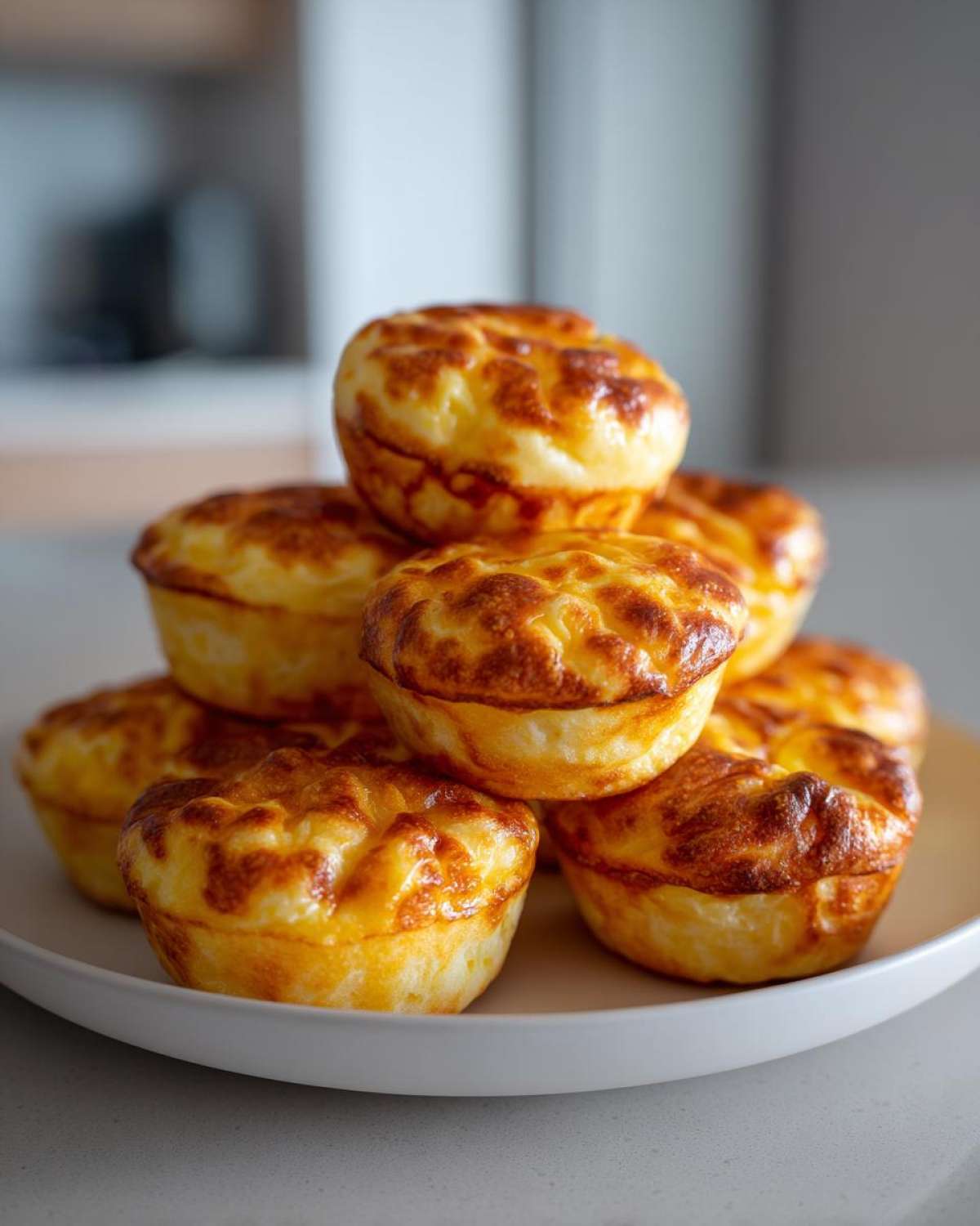 A stack of freshly baked, golden brown protein egg bites piled high on a white plate.