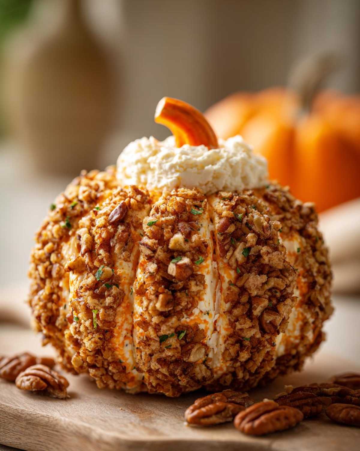 A festive pumpkin cheese ball coated in chopped pecans and spices, topped with a cream cheese stem.