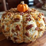 A festive pumpkin cheese ball covered in pecans and cheese, topped with a miniature pumpkin.