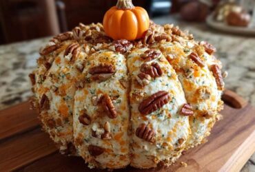 A festive pumpkin cheese ball covered in pecans and cheese, topped with a miniature pumpkin.