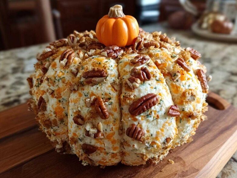 A festive pumpkin cheese ball covered in pecans and cheese, topped with a miniature pumpkin.