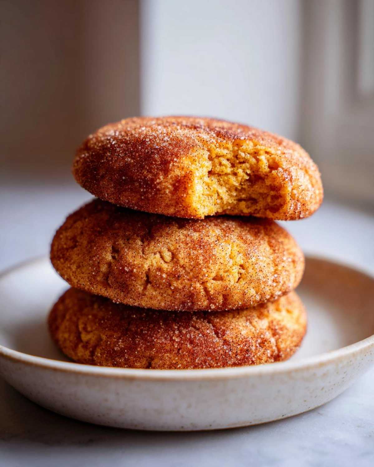 A stack of three soft pumpkin snickerdoodle cookies coated in cinnamon sugar, with the top one having a bite taken out.