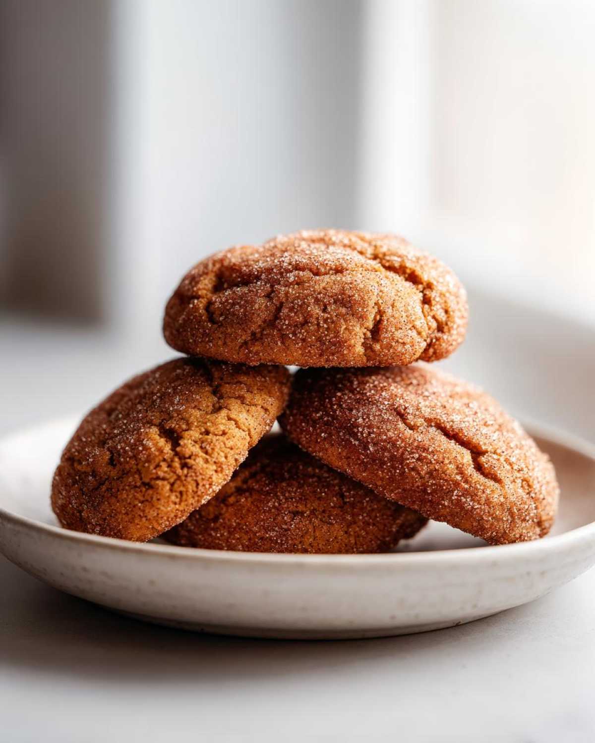 A stack of four soft, crackled pumpkin snickerdoodle cookies coated in cinnamon sugar, resting on a small white plate.