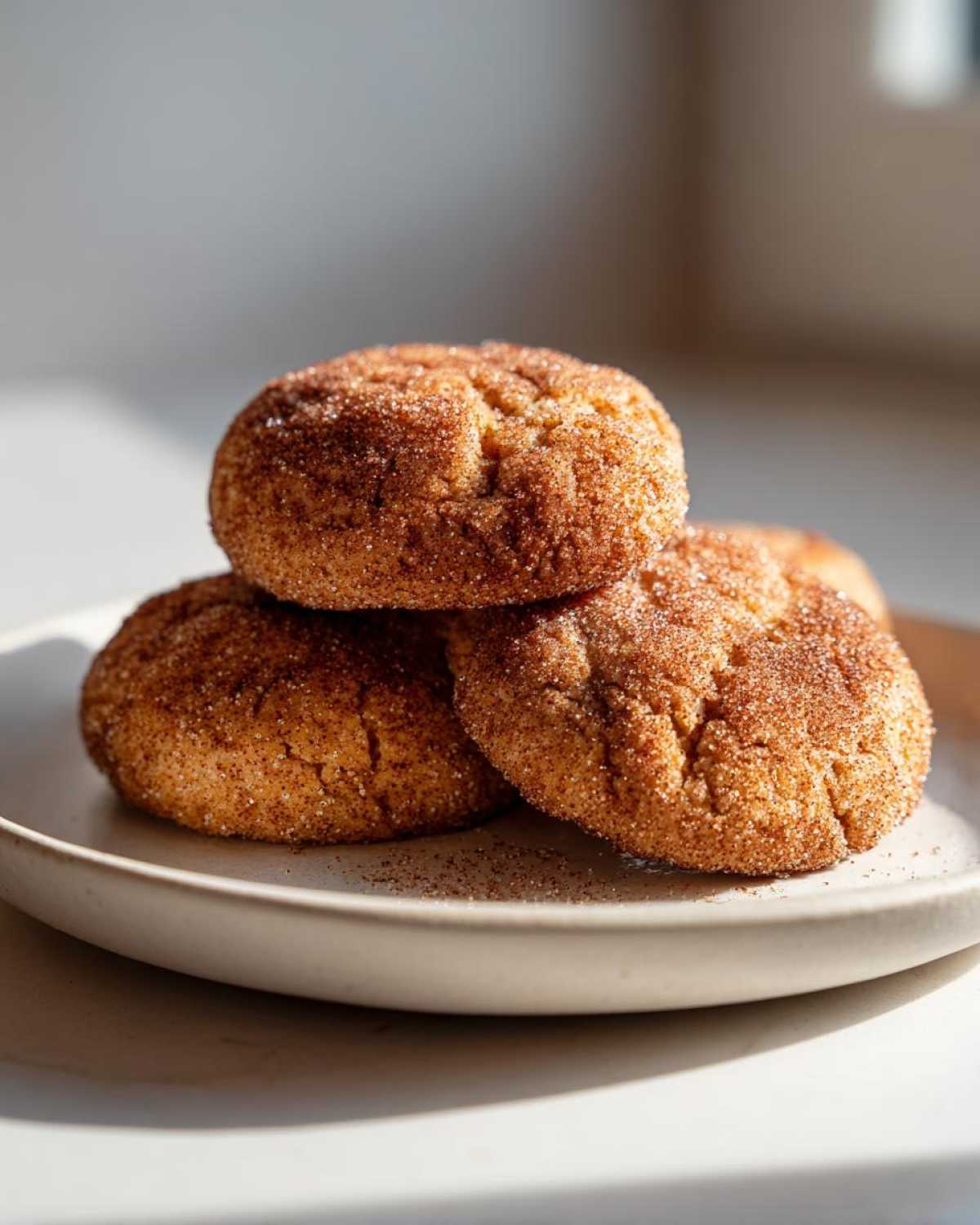 A stack of three soft, thick pumpkin snickerdoodle cookies coated in cinnamon sugar on a light plate.
