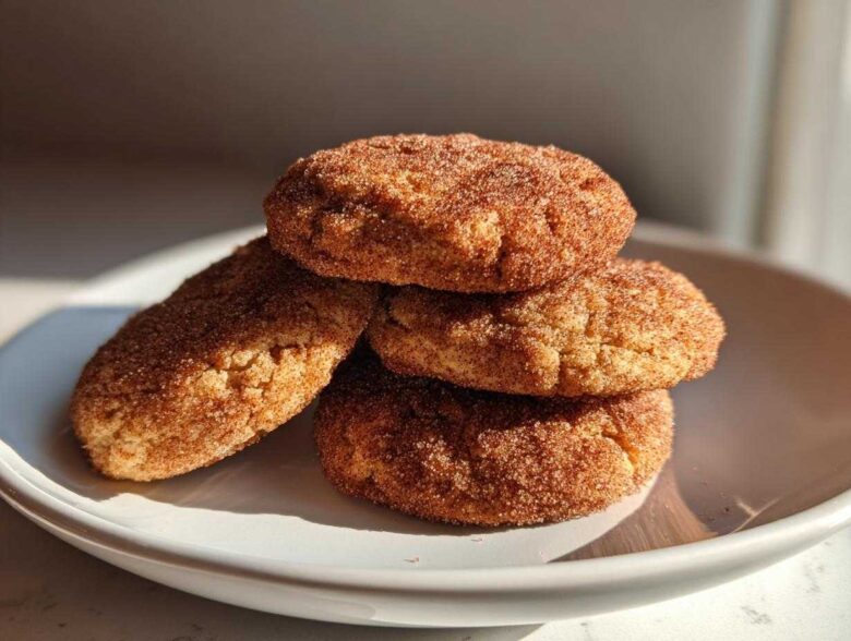 A stack of four soft pumpkin snickerdoodle cookies generously coated in cinnamon sugar, resting on a white plate.