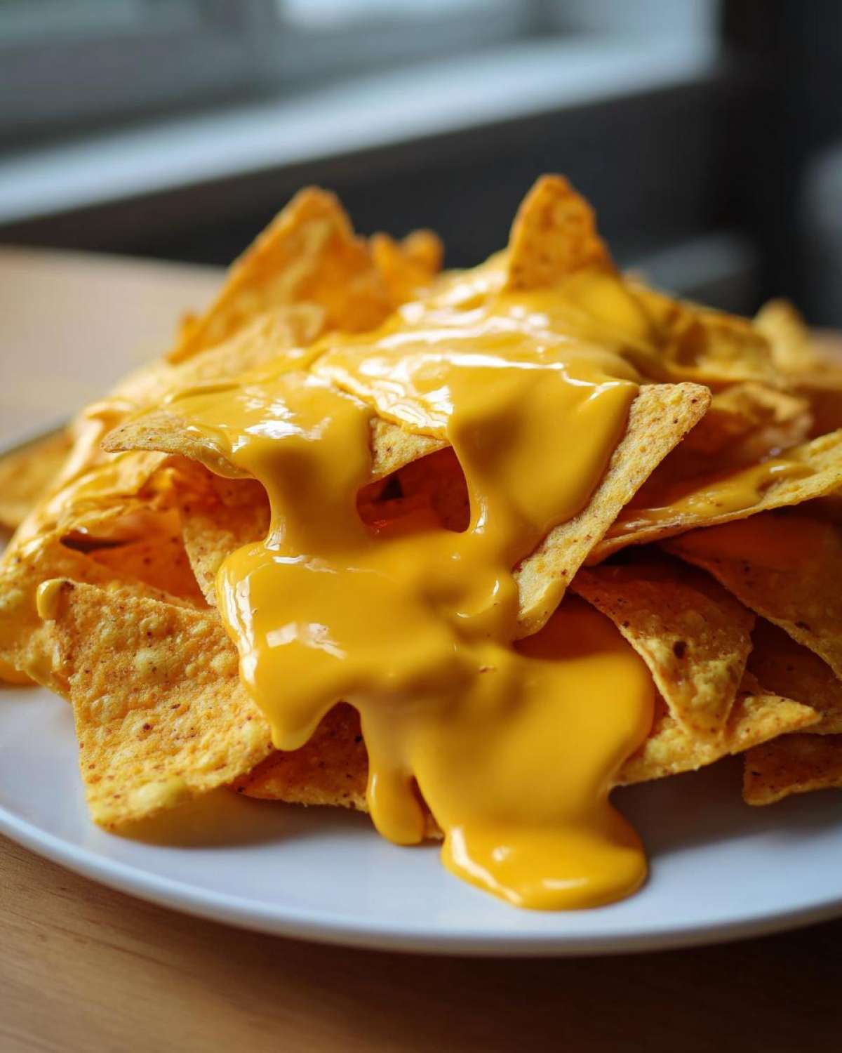 Close-up of tortilla chips smothered in thick, bright yellow nacho cheese sauce.