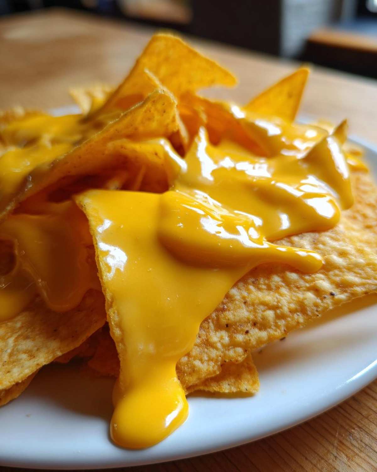 Close-up shot of bright yellow nacho cheese sauce generously poured over crispy tortilla chips on a white plate.