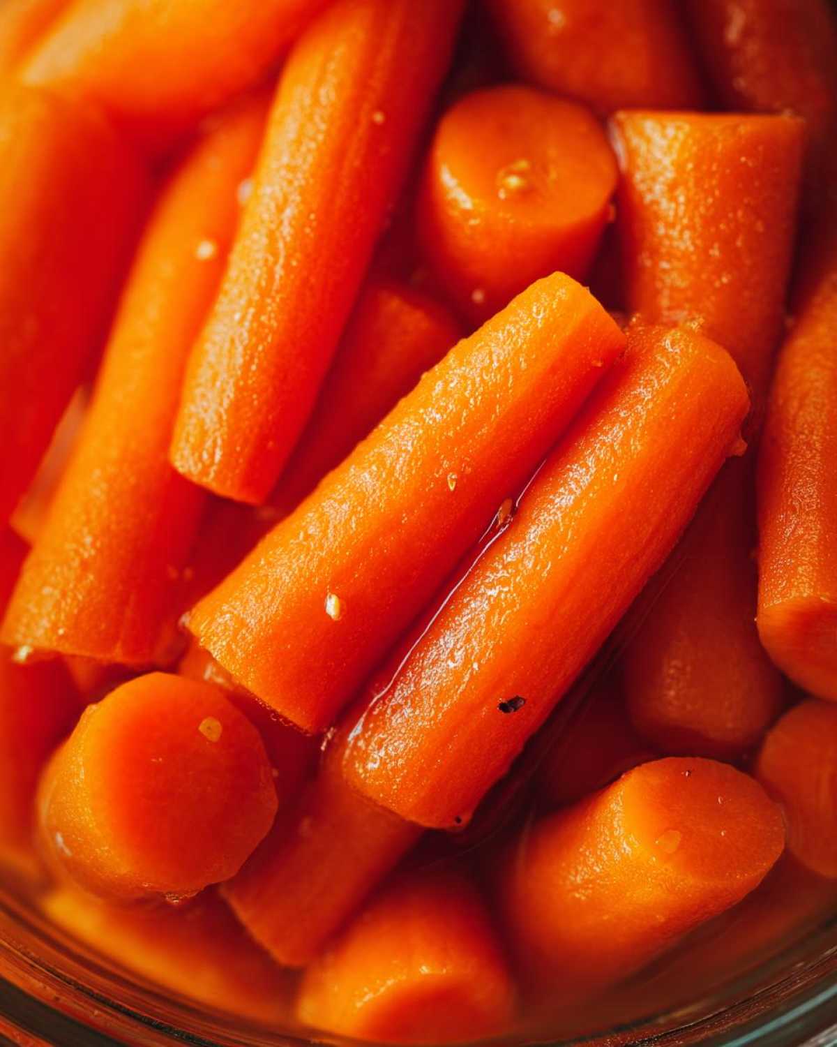Close-up, macro shot of bright orange, tender pickled carrots soaking in a clear pickling liquid.