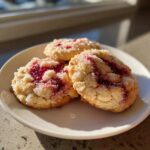 Three freshly baked raspberry cheesecake cookies with a bright red jam center and coarse sugar topping on a white plate.