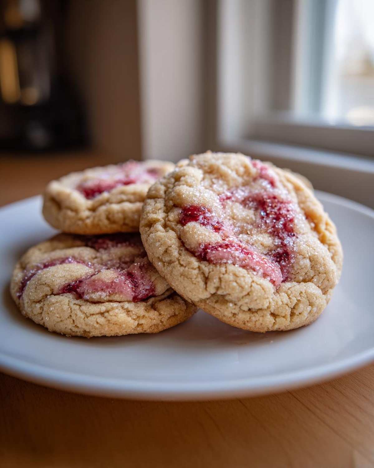Close-up of three soft, sugar-coated raspberry cheesecake cookies stacked on a white plate.